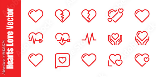 Red outline heart icons collection for dating applications medical monitoring and romantic greeting card design.