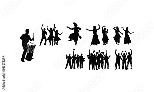 Cultural dance performance silhouettes group of dancers vector silhouette illustration set.