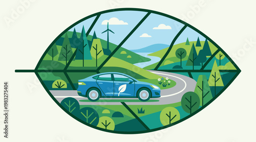 Eco Friendly Electric Car Drives Through Green Nature Landscape Illustration