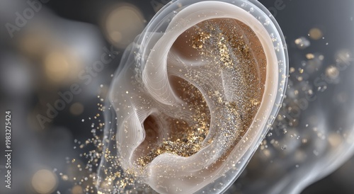 Close-up 3D rendering of a translucent ear filled with sparkling golden particles