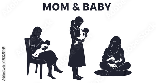 Mother breastfeeding infant in various seated and standing positions during quiet bonding moments