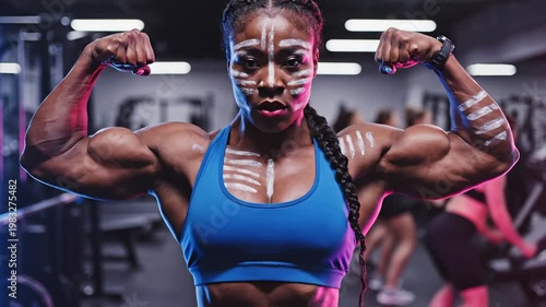 Muscular Black woman flexing in gym with vibrant neon lights