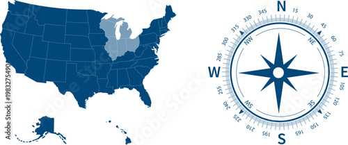Midwest region. East North Central: Illinois, Indiana, Michigan, Ohio,Wisconsin. States of America territory. Separate states. Vector
