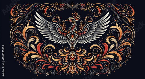 Ornate phoenix bird with fiery decorative pattern on dark background