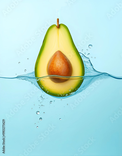 Fresh avocado half with seed splashing into clear water on blue background, minimal healthy food concept with dynamic motion, vibrant tropical fruit and refreshing design