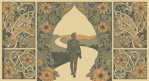 Person walking on a curved road through ornate floral frames