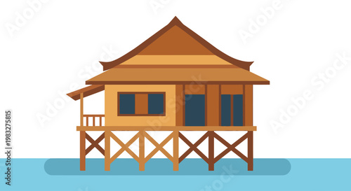 Flat design wooden stilt house in blue water