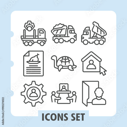 Truck, receipt, cogwheel minimalist icons set depicting industry, transportation and technology items in outline style for apps and print on white background. Vector graphics. Set of nine line icons.