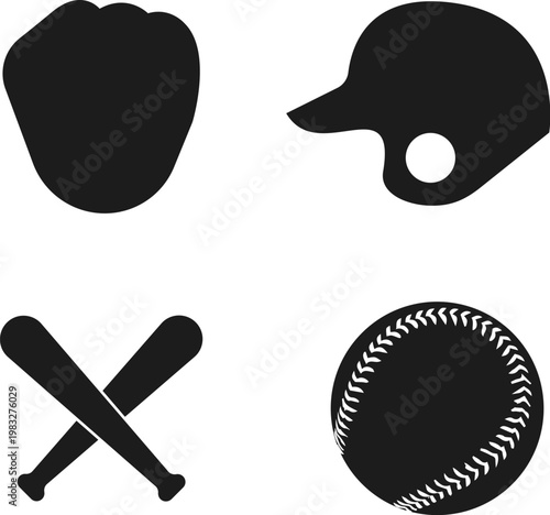 Baseball sport attributes. Baseball bat, ball, helmet, glove, mitt symbols. Flat style.Vector