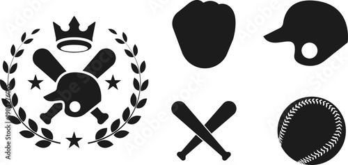 Baseball sport attributes. Baseball bat, ball, helmet, glove, mitt symbols. Flat style.Vector