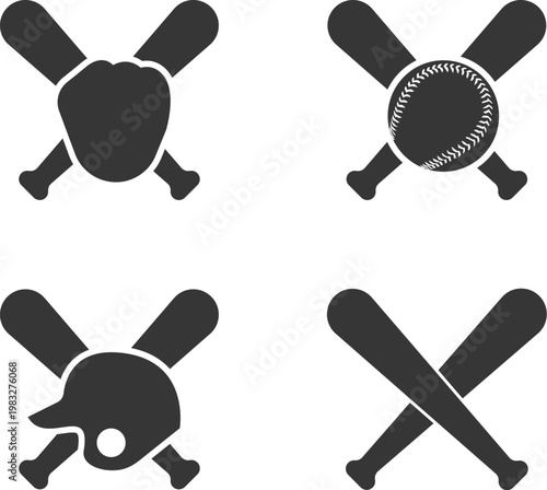 Baseball sport attributes. Baseball bat, ball, helmet, glove, mitt symbols. Flat style.Vector