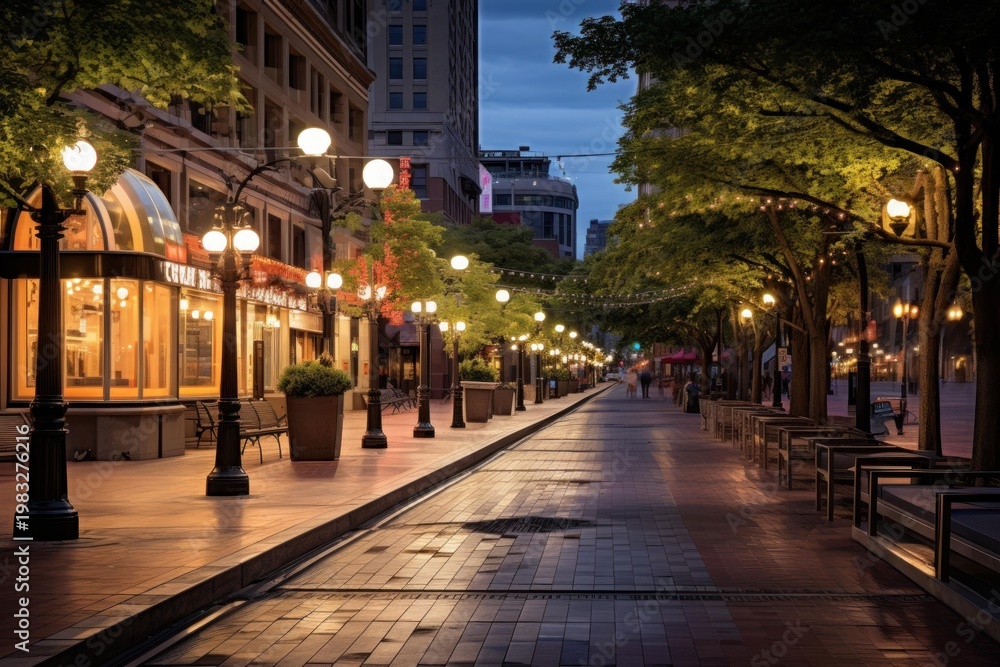 Fototapeta premium Urban street with glowing lamps and building lights at twilight