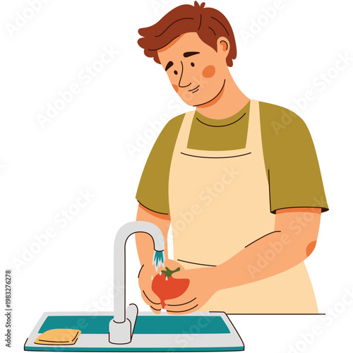 Man in apron washes vegetables in sink under water. A cozy home cooking scene featuring healthy food