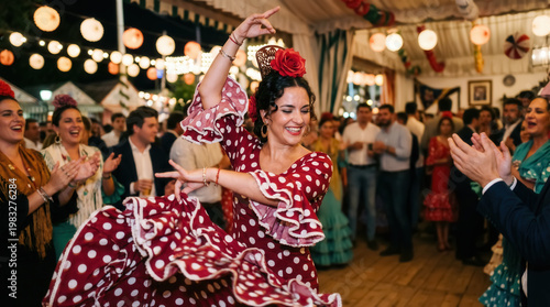 Flamenco dancer performing at Seville April Fair festive night