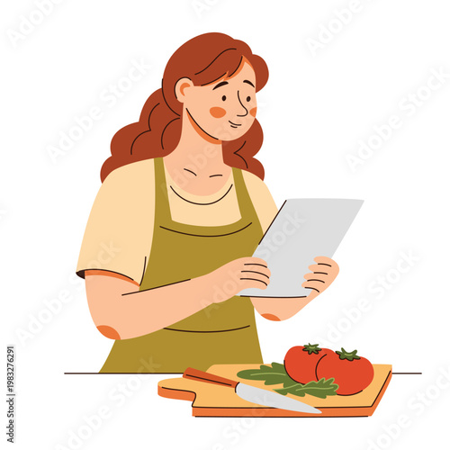 Woman in apron reads recipe and prepares vegetables. Home cooking scene featuring healthy food