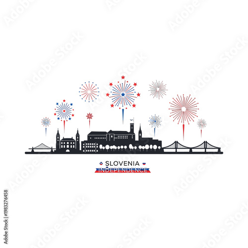 Fireworks explode over Ljubljana during Slovenia's Independence Day celebrations at night.