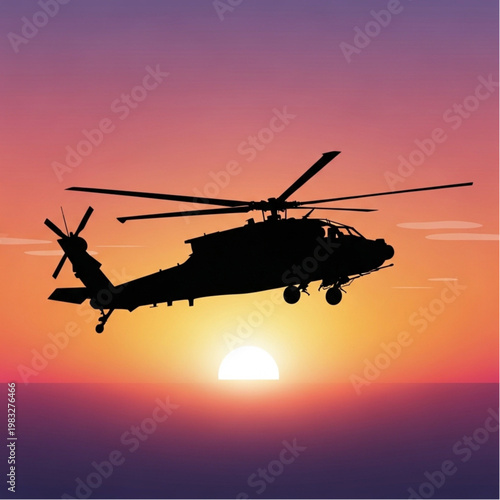 Silhouette of Helicopter Flying at Sunset.