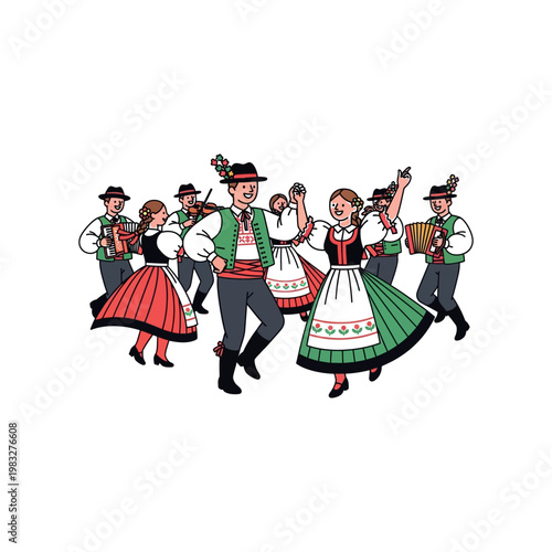 Traditional dancers in colorful costumes perform lively folk dance with musicians