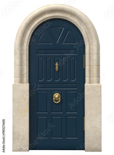 Classic arched front door with decorative panels and vintage architecture