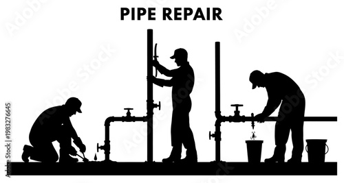 Plumbers performing pipe repair with tools and equipment in a row