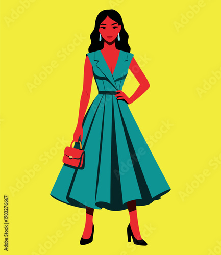 Stylized illustration of a confident woman wearing a teal midi dress and heels, holding a red handbag in Fashionable, elegant and modern design for style and beauty flat vector