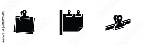 Three black icons showing paper clips and fasteners: paper stack with clip, papers on a board with clips, and large binder clip.