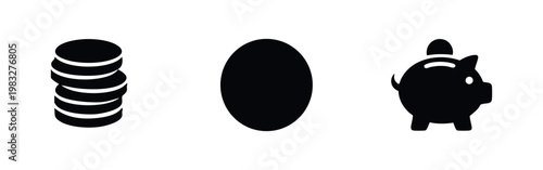 Three black icons related to finance: stack of coins, oval shape (coin or abstract), and piggy bank.