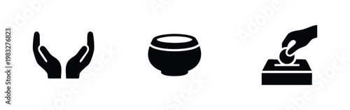 Three black icons representing charity, donation, and care on white background