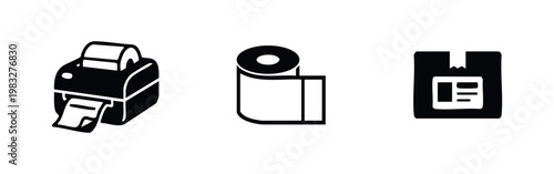 Three black icons for shipping, packaging, and labels on white background