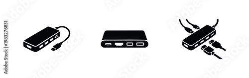 Three black icons of USB hubs and adapters: power bank, USB hub, and multiport adapter with cables.
