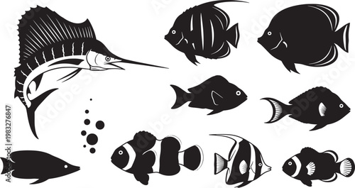 Tropical Fish Silhouette Collection - Vector Set of Marine Life including Sailfish, Clownfish, and Angelfish