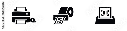 Three black icons for printing and ticketing on white background