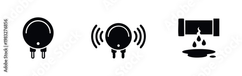 Three black icons for sensors, pipes, and leaks on white background