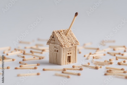 Miniature wooden house with matches scattered around, one standing upright