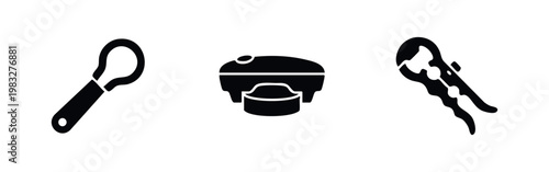 Three black icons for tools, clamps, and bottle openers on white background