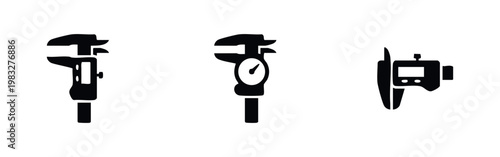Three black icons of calipers for measurement on white background
