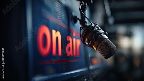 Studio microphone hangs in front of glowing 