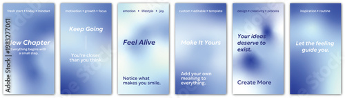 Set of abstract gradient backgrounds in blue tones with soft blur texture. Templates for stories, posters, print, covers and modern design layouts with sample text and quotes
