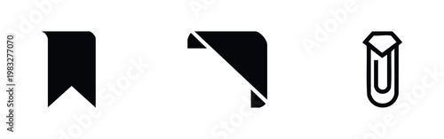 Bookmark, folded corner, and paperclip icons on white