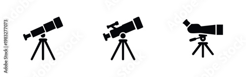 Three different telescopes on tripods on a white background