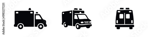 Set of three black icons showing ambulances from various perspectives