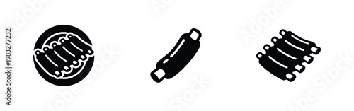 Set of three black icons depicting pork ribs in various forms