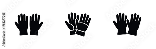 Set of three black icons showing pairs of hands wearing gloves
