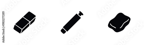 Set of three black icons for stationery and cleaning tools