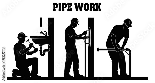 Plumbers silhouette working on pipes and sink during construction process