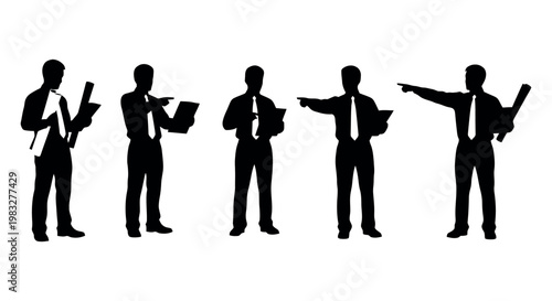 Silhouettes of businessmen in various poses with documents and pointing