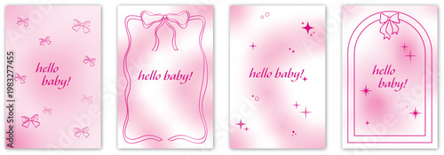 Hello Baby greeting card set for girls with bows, stars and elegant frames. Templates with soft pink gradient. Newborn design for baby shower invitations, printable cards and social media.