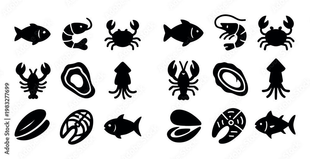 Obraz premium Seafood icons depicting shells and fish on white background