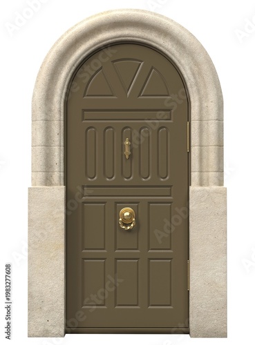 Classic arched front door with decorative panels and vintage architecture