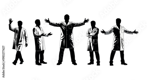 Silhouettes of five scientists or doctors in lab coats